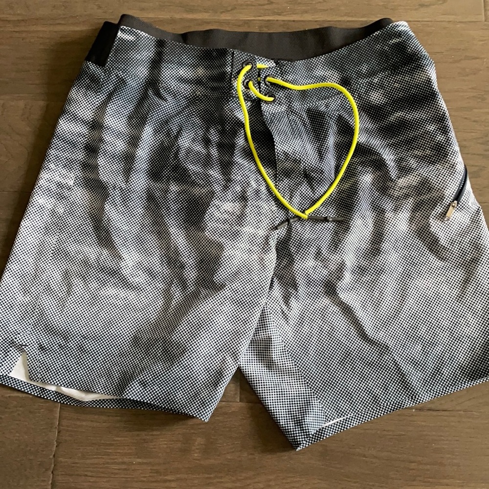 lululemon athletica Black and White Men’s Swim Trunks with Yellow Drawstring